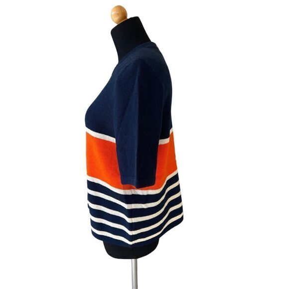 ST. JOHN WOMENS NAVY ORANGE AND GOLD SHORT SLEEVE SWEATER SIZE 10 - Picture 2 of 6